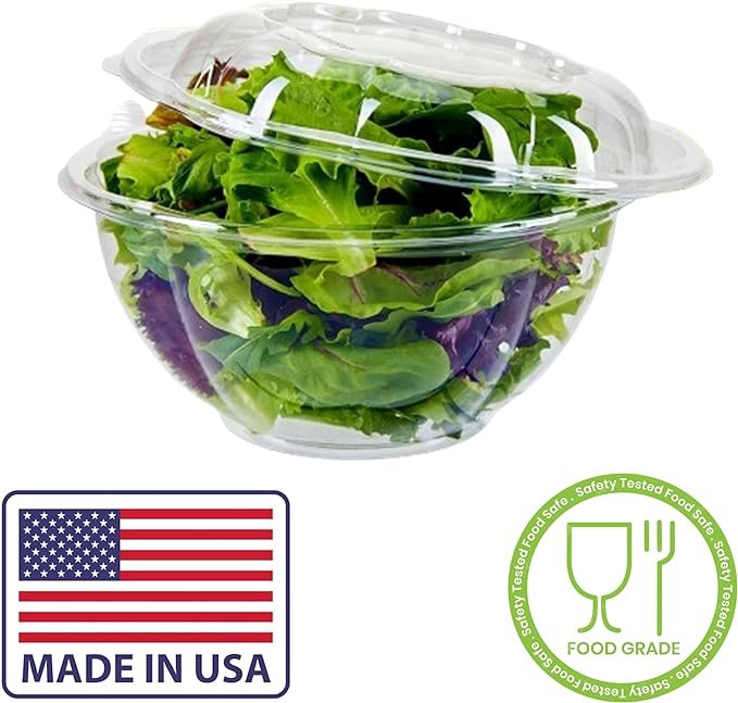 Mr Miracle Clear 24 Ounce Plastic Salad Bowls with Snap-On Lids. 50 Pack. Airtight Disposable Salad Containers for Lunch, Meal Prep, Parties. Ideal as Disposable Salad Bowls with Lids