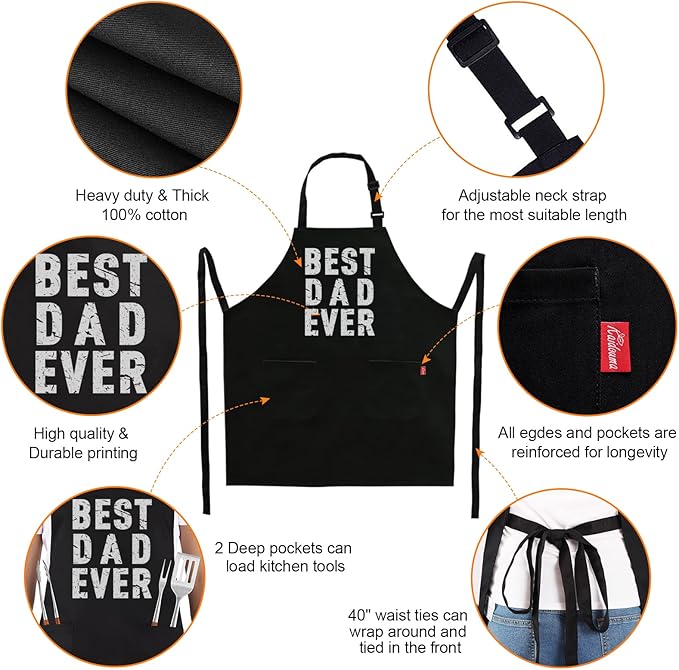 BBQ Funny Apron for Men - Best Dad Ever - Chef Bib Apron with 2 Pockets, Adjustable Neck Strap and 40" Long Ties - Best for Kitchen Cooking, Grilling, Baking, Gardening - Black