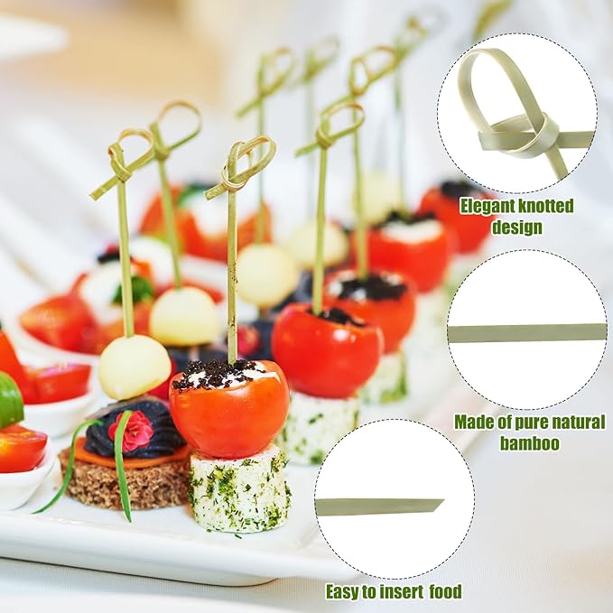 Nuogo 3000 Pcs Bamboo Cocktail Picks 4.13 Inch Bamboo Skewers Fruit Toothpicks for Appetizers Drink Garnish Sticks Handmade Food Pick with Looped Knot for Party Bar Snacks Sandwiches Drinks