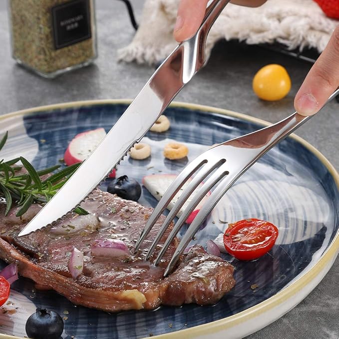 Lemeya Stainless Steel Steak Knives Set of 6,Forge Steak Knife,Serrated Steak Knives Set,6 Piece Heavy Steak Knives-10 inch,Mirror Polished,Dishwasher Safe