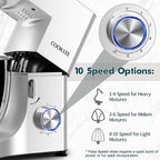 COOKLEE Stand Mixer, 9.5 Qt. 660W 10-Speed Electric Kitchen Mixer with Dishwasher-Safe Dough Hooks, Flat Beaters, Wire Whip & Pouring Shield Attachments for Most Home Cooks, Silver