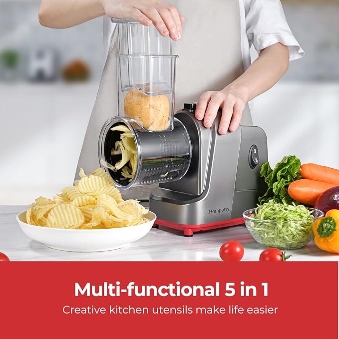Electric Cheese Grater, Salad Maker With 5 Different Shapes of Blades, 250W Electric Slicer Shredder, Electric Salad Machine for Cheeses, Fruits and Vegetables, Silver
