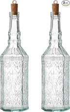 Bormioli Rocco Set Of 2 Country Home Fiesole Bottle, 24-ounce With All Natural Cork Lid, Blue-green Tinted Star Glass, Elegant And Floral Design Made In Italy.