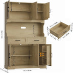 FACBOTALL Tall Kitchen Pantry Cabinet, Farmhouse Food Pantry Cabinet with Doors and Adjustable Shelves, Kitchen Hutch with Countertop and Microwave Stand for Dining Room, Living Room, Oak Color