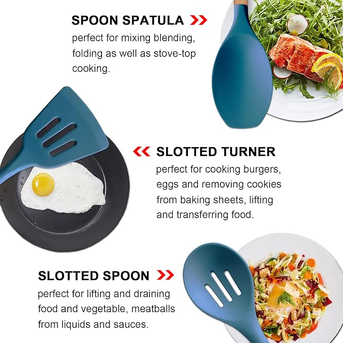 Silicone Kitchen Cooking Utensils Set 5Pcs Non-Stick Silicone Kitchen Utensils Set Spatula Spoon Turner Ladle with Wooden Handle, Heat Resistant Cooking Gadgets for Nonstick Cookware BPA-FREE