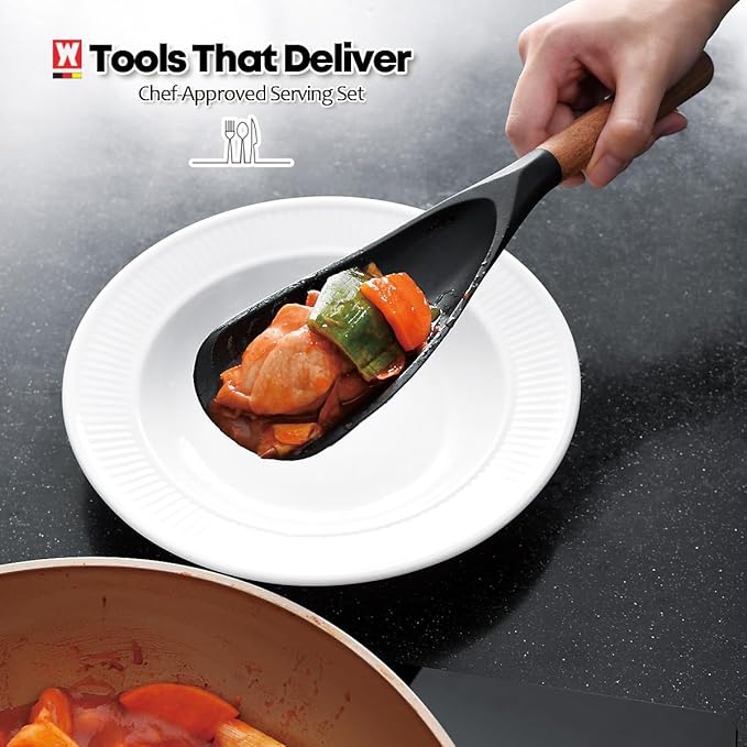 Silicone Long Head Cooking & Serving Spoon with Wooden Handles: Multi-Functional Design, Silicone Rounded Spatula for Mixing, Scoop, and Scrape, Great for Stir Frying