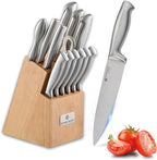Wanbasion 14Pcs Kitchen Knife Block Set with Sharpener, Sharp Kitchen Knives Set with Block, Stainless Steel Knife Set with Block Dishwasher Safe Silver