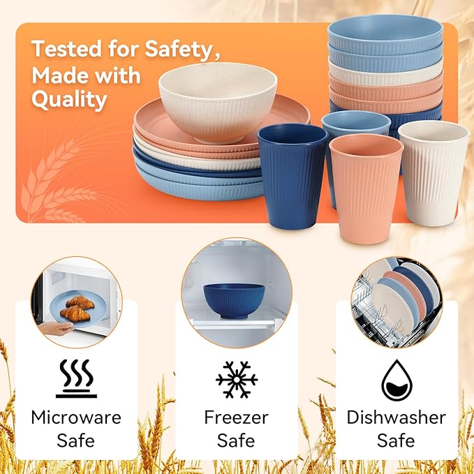 Wheat Straw Dinnerware Sets,48-Piece Plates and Bowls Sets for 6-Unbreakable,Reusable Plastic Dish Set-Dinner Plate/Dessert Plate/Cereal Bowl/Cup/Utensils-Microwavable Dishwasher Safe 48P-Light Gray