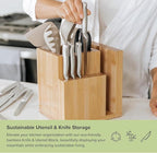 KitchenEdge Bamboo Magnetic Knife Block and Cooking Utensil Holder, Sleek Storage for Chefs Knives, Steak Knives, Spatulas, Scissors, Non-Slip Rubber Feet, Easy to Clean, Kitchen Countertop Organizer
