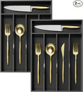 Greenual 2 Pack Black Silverware Organizer 10 In Utensil Organizer Silverware Tray for Drawer Cutlery Flatware Organizer for Kitchen Bamboo Wood
