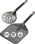 TKC 12", 8" Perforated Pizza Peels - Professional Aluminum Pizza Turning peel - Long Handle Metal Pizza Spatula for Indoor and Outdoor - Lightweight Non-Stick Pizza Turner - Pizza Oven Accessories