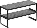 Stackable Expandable Metal Shelf Organizer - Adjustable Wire Storage Rack with Holes for Kitchen, Bathroom, Cabinet, Office - Space Saving, Durable & Sturdy Design（2PACKS/Large/Black