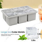 Large Silicone Ice Cube Tray 2Pack, SAWNZC Big Square Ice Cube Molds for Whisky Cocktail, Ice Maker Tray with Lid for Freezer, Easy Release (2, Grey)