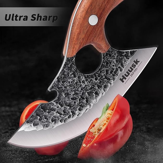 Huusk Knives, Viking Boning Knife for Meat Cutting, Small Ulu knives, Caveman Ultimo Knives Hand Forged Full Tang Knives for Kitchen or Camping Christmas Gift