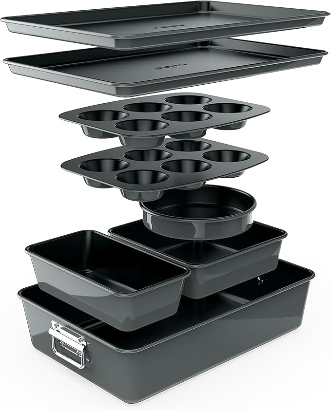 NutriChef 8-Piece Nonstick Stackable Bakeware Set - PFOA, PFOS, PTFE Free Baking Pans Set w/Non-Stick Coating, 450°F Oven Safe, Round Cake, Loaf, Muffin, Wide/Square Pans, Cookie Sheet (Gray)