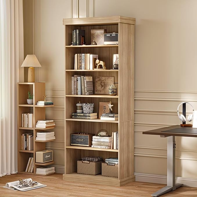70.8" Tall Farmhouse Bookshelf with Glass Doors, Modular Bookcase with 6-Tier Adjustable Shelves, Large Storage Cabinet for Kitchen, Living Room, Brown, Set of 2