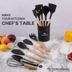 Silicone Cooking Utensils Set, Premium Beech Wood Handle Kitchen Gadgets Utensil Set, Non-Stick Kitchen Utensils Spatula, Tongs, Turner, Whisk, Brush, Spoon, BPA FREE, 446°F Resistant (Black)