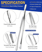 JETKONG 18 Inch (45cm) Extra Long Barbecue Tongs, Heavy Duty Giant Tweezer Tongs for Grilling and BBQ, Set of 2 (Round Tips)