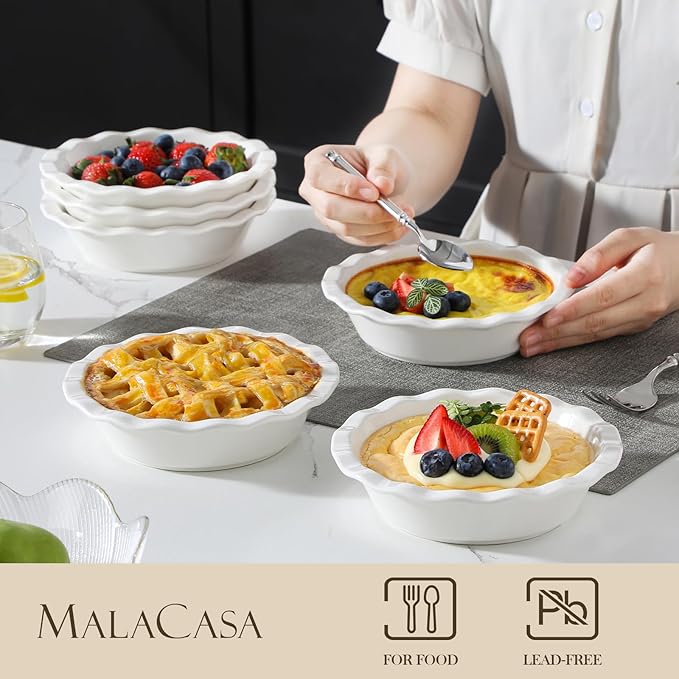 MALACASA Ceramic Mini Pie Pans Set of 6, 6 Inch Pie Plates for Baking with Ruffled Edge, Small Quiche Baking Dish Pans Tart Pans, Individual Pot Pie Plates, Microwave & Oven Safe, White