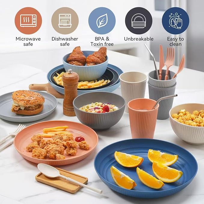 Wheat Straw Dinnerware Sets,48-Piece Black Plates and Bowls Sets for 6-Unbreakable,Reusable Plastic Dish Set-Dinner Plate/Dessert Plate/Cereal Bowl/Cup/Utensils-Microwavable Dishwasher Safe 48P-Black