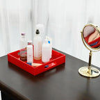 Sturdy Red Acrylic Serving Tray with Handles - 10x10Inch, Coffee/Appetizer/Butler Tray - Kitchen Countertop & Vanity Table Organizer