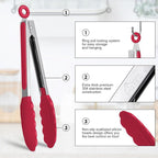 HOTEC Premium Stainless Steel Locking Kitchen Tongs with Silicon Tips, Set of 2-9" and 12"(Red)