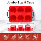 Jumbo Muffin Pan with Metal Frame, 6 Cup Large Cupcake Mold with Handles, Silicone Egg Bite Baking Tray, BPA Free & Non-Stick