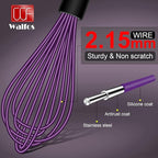 Walfos Whisk, Silicone Whisks Set of 5, Mini Stainless Steel Whisk 7+5in & Non Scratch Coated 7+9+11in Whisks, Suitable for Blending, Whisking, Beating, Frothing & Stirring. (Purple)