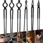 Blacksmith Knife Making Tongs Set - 3/8" 1/2" 5/8" V-Bit, 1/4 Flat Jaw, Pick Up, Scroll - Assembled Blacksmithing Bladesmith Steel Forge Tongs (6PCS)