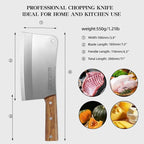 KOFERY 7.3-inch Chinese Bone Cleaver - Heavy Duty Butcher Knife Meat Chopper with Nature Wooden Handle, Perfect for Home Kitchen Use