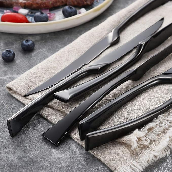 Lemeya Stainless Steel Black Steak Knives Set of 6,Forge Steak Knife,Serrated Steak Knives Set,6 Piece Heavy Steak Knives-10 inch,Mirror Polished,Dishwasher Safe