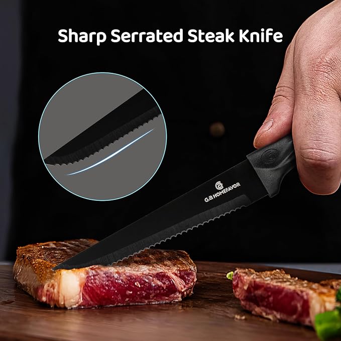 G.a HOMEFAVOR Steak Knife Set: 8-Piece Stainless Steel Sharp Serrated Knives Set for Kitchen, Full Black