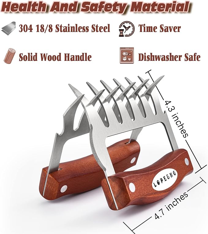 LOPE & NG Meat Handler Shredder Claws Set Of 2 - Wood Stainless Steel BBQ Pulled Pork Paws For Shredding Handing Carving Food