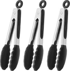 Mini Tongs with Silicone Tips 7-Inch Kitchen Tongs, Set of 3 (Black)