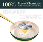 ROYDX Titanium Ceramic Nonstick Fry Pan Set 8", 10" and 12" Frying Pan Skillet Set with Glass Lids-Non Toxic, PTFE & PFOA Free - Oven Dishwasher Safe & Compatible with All Stovetops-Pine Green