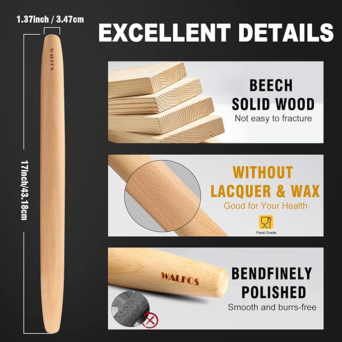 WALFOS French Rolling Pin for Baking, 17 Inch Natural Beech Wood Rolling Pins, Kitchen Dough Roller for Fondant, Pizza, Pie, Cookie and Pastry