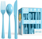 Party Solids Light Blue Plastic Silverware Heavy Duty 300 Pcs Light Blue Plastic Cutlery Sets, Utensil Sets, 100 Of Each Forks, Knives & Spoons Disposable Cutlery Set, Flatware Set For Party Supplies