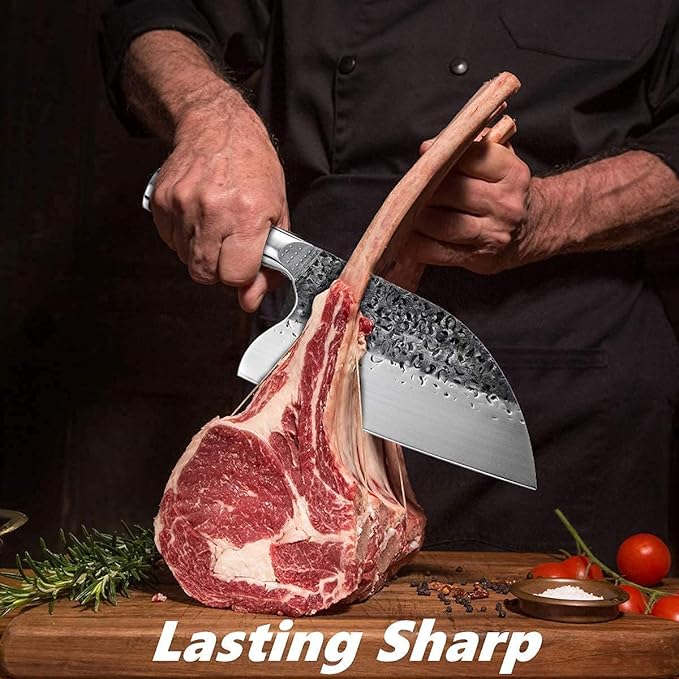 Smith Chu Handmade Forged Serbian Meat Cleaver Knife with Sheath Chef's knvies Full Tang Butcher Knife Outdoor Meat Vegetable Cleaver for Family, BBQ or Camping Gift for Dad