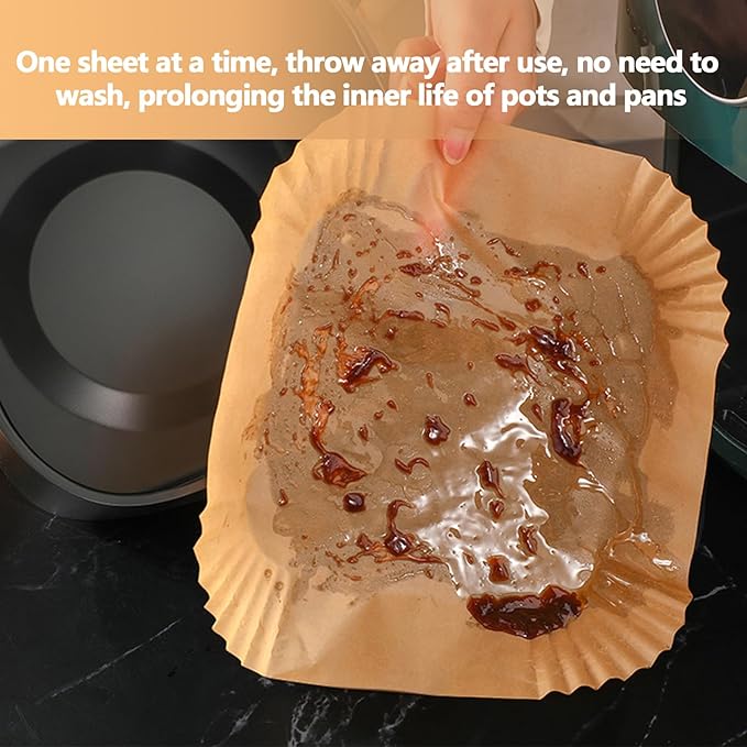 9 Inch Air Fryer Liners, 125PCS Non-Stick Air Fryer Paper Liners Disposable, Oil-Proof & High-Temperature Resistant Square Baking Paper for Air Fryer, Microwave and Oven（Bottom Is 8 Inch）