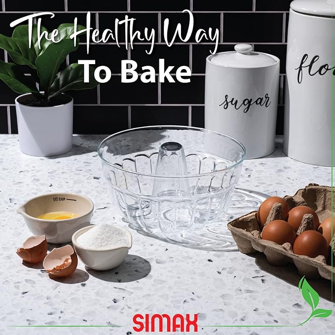 SIMAX Clear Glass Fluted Bundt Pan, Heat, Cold, and Shock Proof, Holds 1.4 Quarts (5.4 Cups), Made in Europe, Great for Small Ring Cakes, Puddings, Desserts, Monkey Bread, and More, Dishwasher Safe