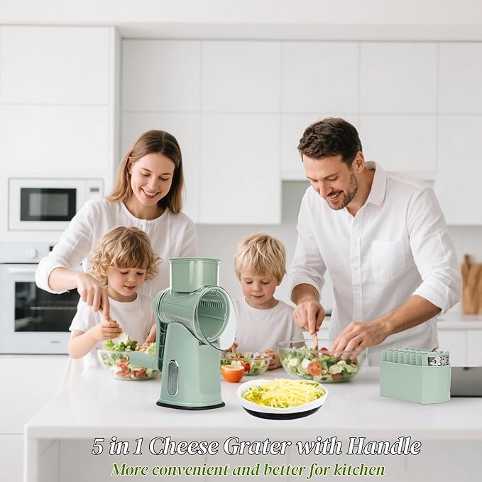 Rotary Cheese Grater with Handle, Manual Vegetable Slicer Grater with 5 Detachable Stainless Steel Blades, Round Grater Slicer Hand Crank Food Chopper for Kitchen with Blade Storage Box