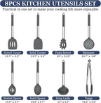 TeamFar Kitchen Utensils, 8PCS Silicone Utensils Kitchen Tools Set with Stainless Steel Handle, for Nonstick Cookware Frying Flipping Draining, Healthy & Anti-heat, Nonstick & Dishwasher Safe - Gray
