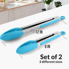 Zulay Stainless Steel Kitchen Tongs with Silicone Tips - Set of 2 (9” & 12”) Locking Cooking Tongs with Non-Slip Grip - Heat Resistant, BBQ Food Tongs for Non-Stick Cooking Pans (Silver/Light Blue)