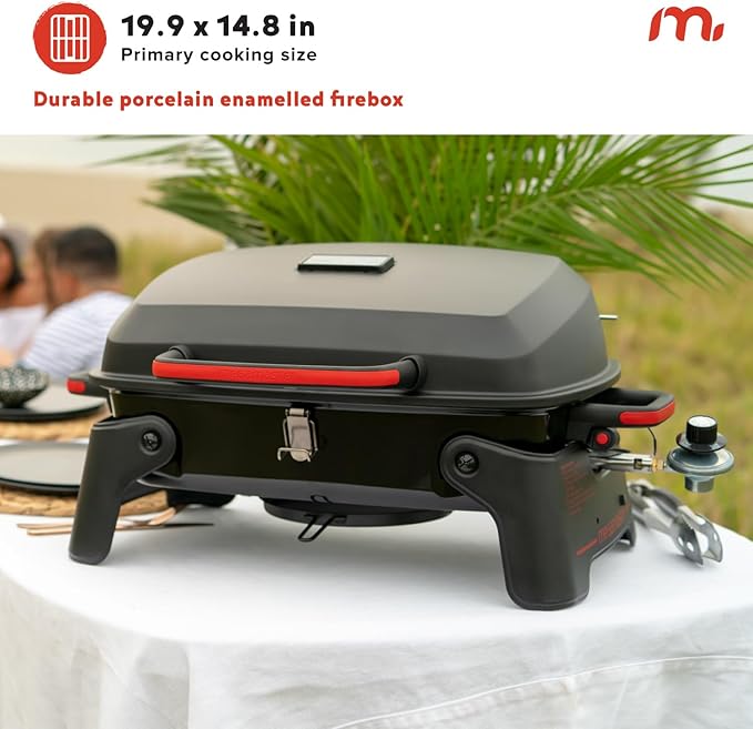 Megamaster 820-0065C 1 Burner Portable Gas Grill for Camping, Outdoor Cooking , Outdoor Kitchen, Patio, Garden, Barbecue with Two Foldable legs, Red + Black
