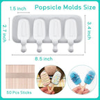 Ouddy Life Popsicle Molds Set of 2, Ice Pop Molds Silicone 4 Cavities Ice Cream Oval Cake Pop Mold with 50 Wooden Sticks for DIY Popsicle, Clear