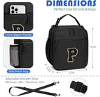 Initial Insulated Lunch Bag for Boys Kids, Back to School Gift, Reusable Leak-proof Lunch Box with Adjustable Strap for School Daycare Travel Picnic（Black，P）