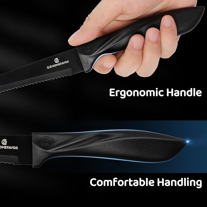 G.a HOMEFAVOR Steak Knife Set: 8-Piece Stainless Steel Sharp Serrated Knives Set for Kitchen, Full Black