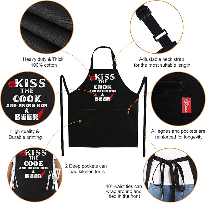 Grilling Apron - KISS THE COOK AND BRING HIM A BEER - Funny BBQ Aprons for Men Women Chef, Adjustable Kitchen Bib Apron with 2 Pockets and 40" Long Ties, Perfect for Cooking, Baking - Black
