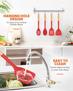 Silicone Cooking Utensils Set, Perfectly Angled for Frying, Mixing,Serving,Draining,Turning and Stirring, BPA-Free Matte Silicone, Wood Handles, Safe for Nonstick Cooking Surfaces,4 Pack (Red)
