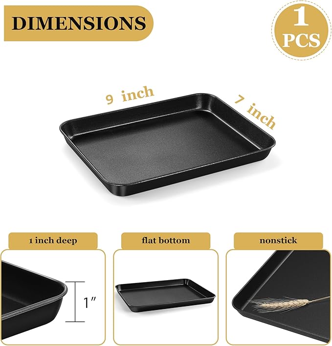 E-far Mini Toaster Oven Pan, 9x7x1 Inch Small Baking Sheet Tray for Cookies Cake, Nonstick Carbon Steel Baking Pan for Bacon Steak, Nontoxic & Easy Clean, Heat & Warp Resistant